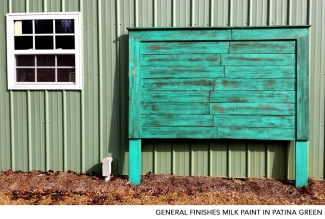 refinished rustic headboard using patina green milk paint